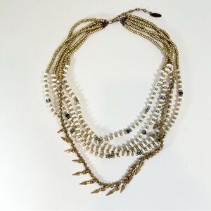 Multi Strand Gold White & Charcoal Beaded Necklace With Gold Arrowheads